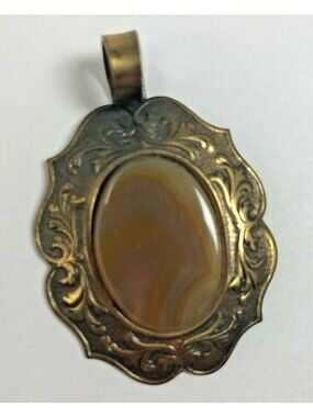 Vintage Banded Agate Cabochon Pendant Brass Tone Oval Boho Artisan Jewelry